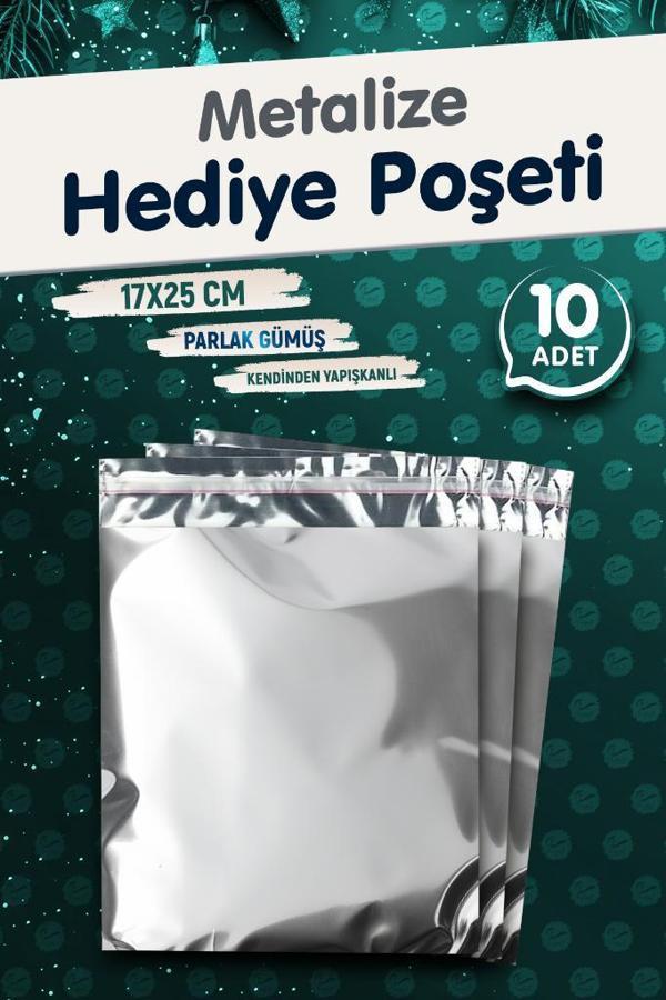 Yapışkanlı Metalize Hediye Paketi Poşeti 17x25cm Gümüş 10 Adet  Yeni Yıl Yılbaşı Hediye Paketi -T1090 - Image 1