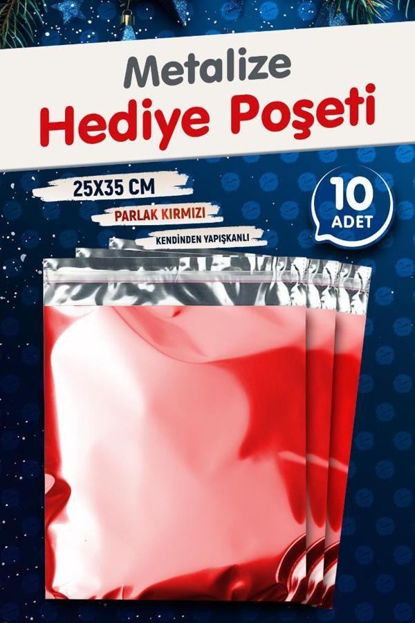 Yapışkanlı Metalize Hediye Paketi Poşeti 25x35cm Kırmızı 10 Adet  Yeni Yıl Yılbaşı Hediye Paketi -T1091 - Image 1