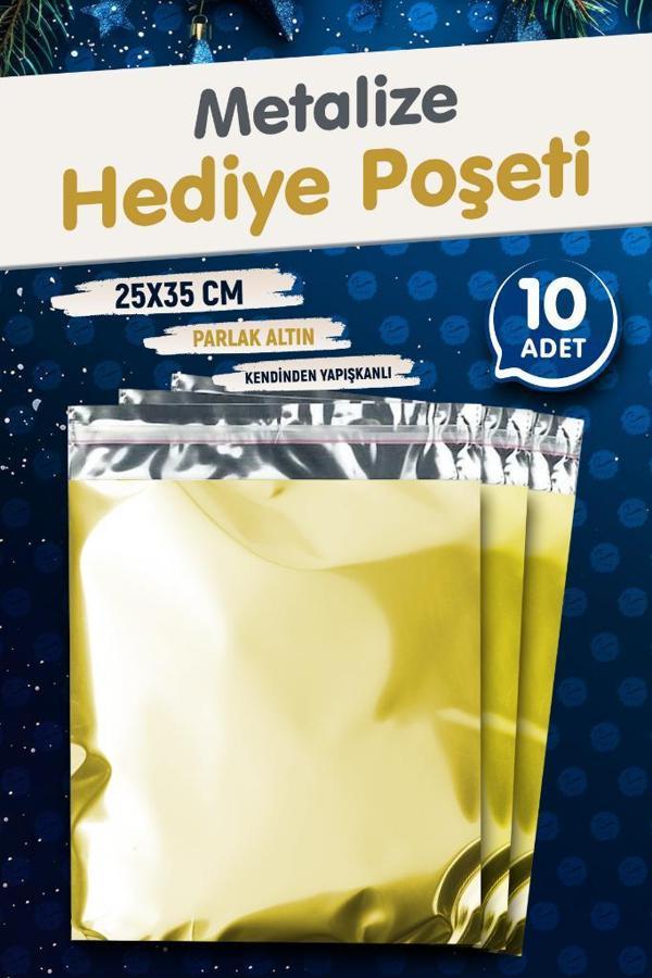 Yapışkanlı Metalize Hediye Paketi Poşeti 25x35cm Gold 10 Adet  Yeni Yıl Yılbaşı Hediye Paketi -T1092 - Image 1