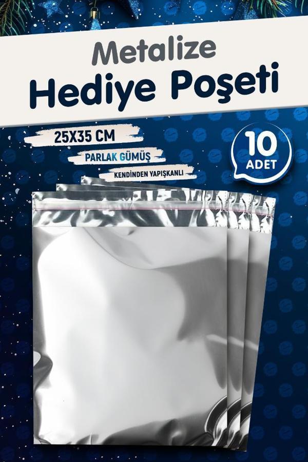 Yapışkanlı Metalize Hediye Paketi Poşeti 25x35cm Gümüş 10 Adet  Yeni Yıl Yılbaşı Hediye Paketi -T1093 - Image 1