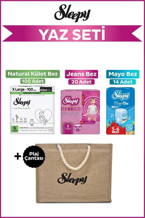 Sleepy 6 Numara Xlarge Natural Gross 100+Mayo Bez 14+Pink Jeans Külot Bez 20+Plaj Çantası - Image 1