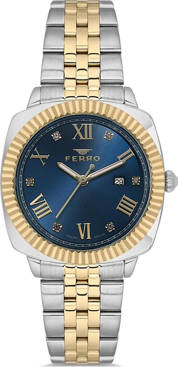 Ferro FL21625AWT-D3 Quartz Çelik Altın/Gri Lacivert Kadran 32 mm Kadın Kol Saati - Image 1