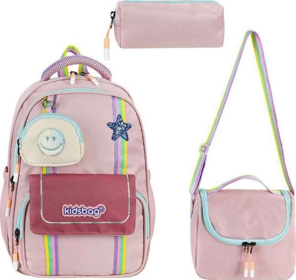 İlkokul Çantası 3'lü Set Pembe Renk 42*30 Cm Beslenme Çantası Kalem Kutusu Ortopedik Su İtici Kumaş - Image 1