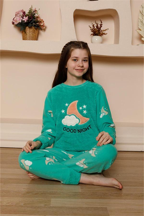 Celira Kız Çocuk WelSoft Polar Yeşil Pijama Takımı - Image 1