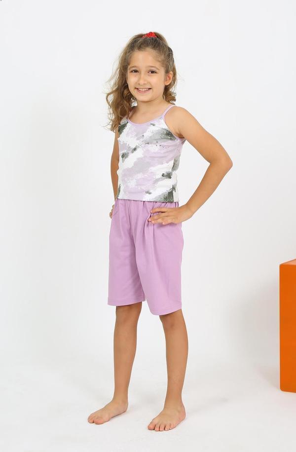 Celira Kız Çocuk İp Askılı Şortlu Penye Lila Pijama Takımı - Image 1