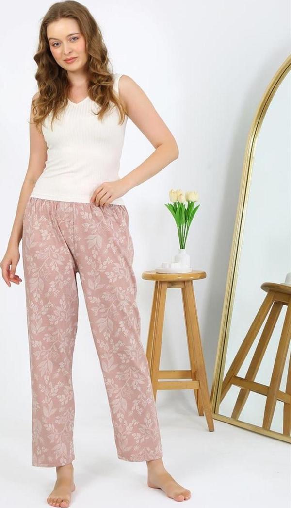 Celira Kadın Penye Çiçek Desenli Tek Alt Pijama Pudra - Image 1