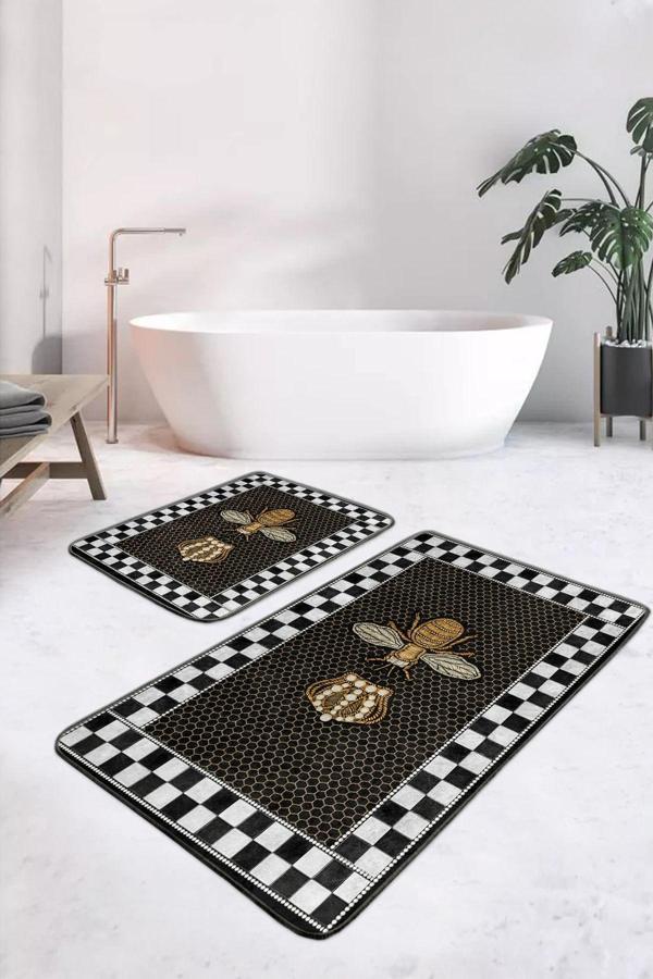 Realhomes Arı Ve Petek Desenli Siyah Beyaz Kareli 2'Li Kaymaz Taban Yıkanabilir Banyo Paspas Seti - Image 1