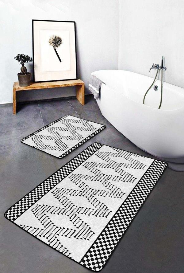 Realhomes Siyah Beyaz Damalı Zigzag Desenli 2'Li Kaymaz Taban Yıkanabilir Banyo Paspas Seti - Image 1