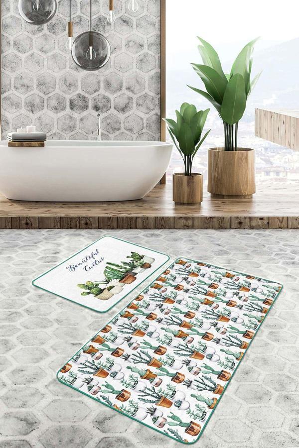Realhomes Kaktüs Desenli Yeşil-Turuncu 2'Li Kaymaz Taban Yıkanabilir Banyo Paspas Seti - Image 1