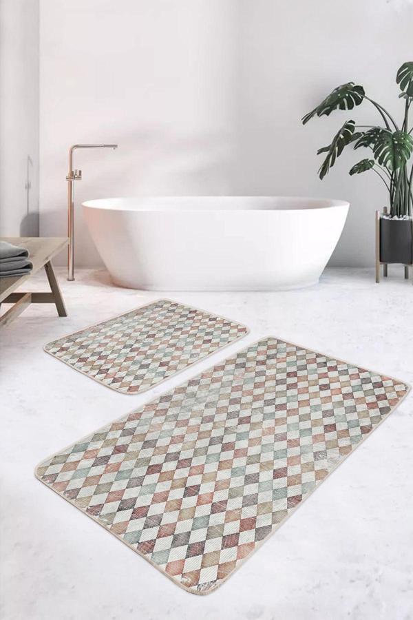 Realhomes Karo Desenli Bej-Turuncu Geometrik 2'Li Kaymaz Taban Yıkanabilir Banyo Paspas Seti - Image 1