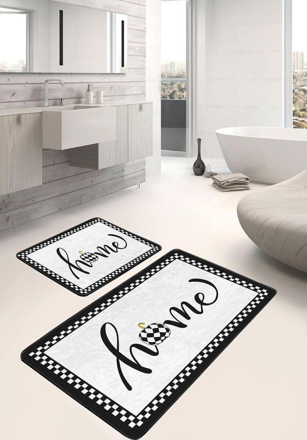 Realhomes Siyah Beyaz Damalı Kasnak Desenli 2'Li Kaymaz Taban Yıkanabilir Banyo Paspas Seti - Image 1