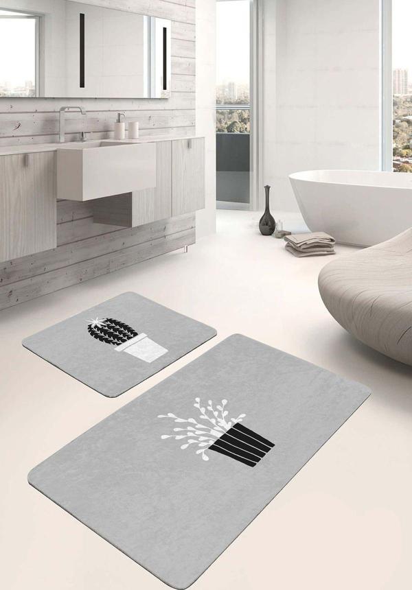 Realhomes Gri Zeminde Saksı Ve Kaktüs Desenli 2'Li Kaymaz Taban Yıkanabilir Banyo Paspas Seti - Image 1
