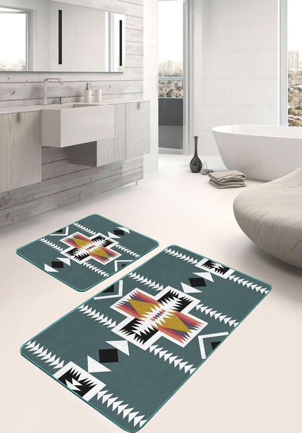 Realhomes Etnik Desenli Petrol Yeşili-Beyaz 2'Li Kaymaz Taban Yıkanabilir Banyo Paspas Seti - Image 1