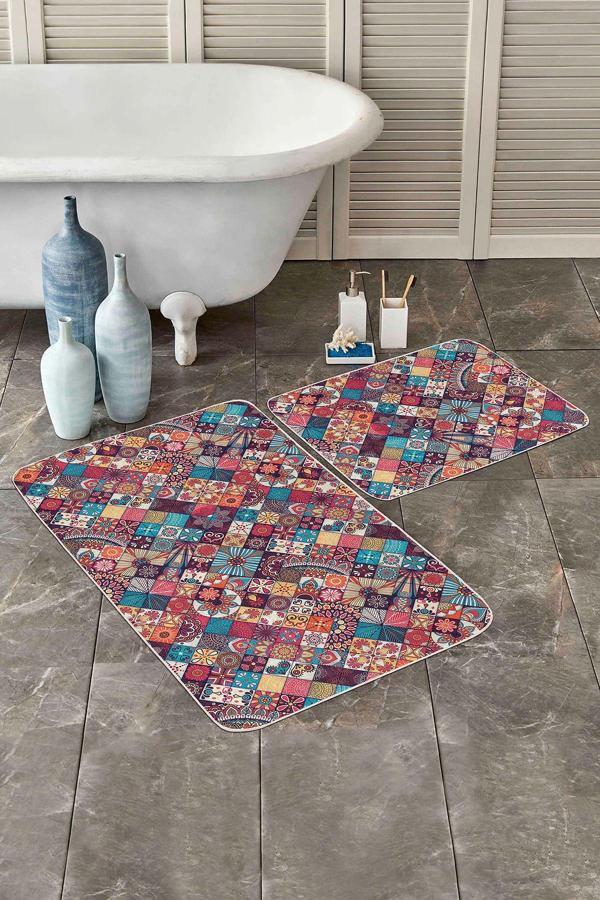 Realhomes Çok Renkli Etnik Patchwork Desenli 2'Li Kaymaz Taban Yıkanabilir Banyo Paspas Seti - Image 1