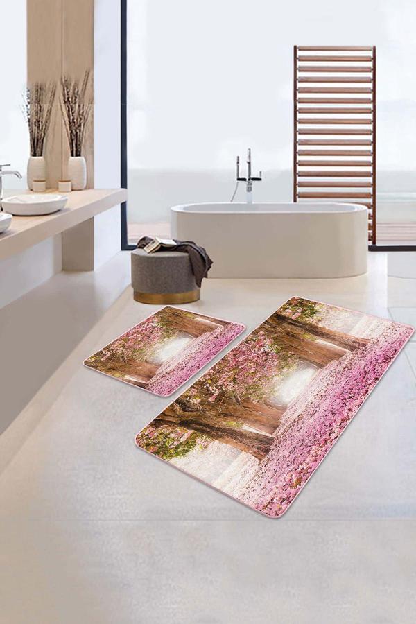 Realhomes Pembe Çiçekli Ağaç Desenli 2'Li Kaymaz Taban Yıkanabilir Banyo Paspas Seti - Image 1