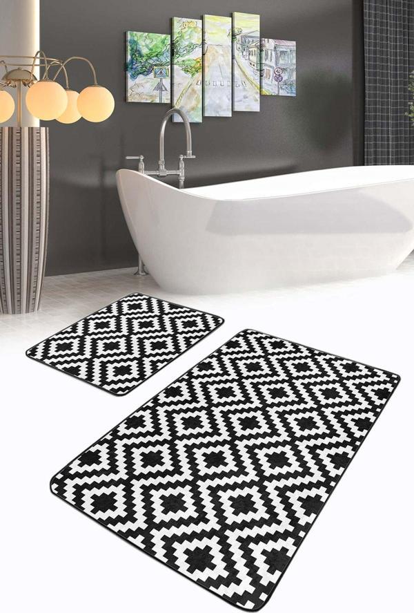 Realhomes Geometrik Siyah-Beyaz Desenli 2'Li Kaymaz Taban Yıkanabilir Banyo Paspas Seti - Image 1