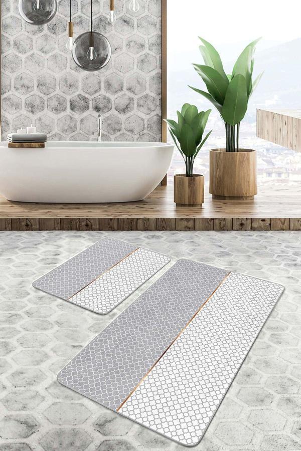 Realhomes Gri Beyaz Çift Renkli Geometrik Desenli 2'Li Kaymaz Taban Yıkanabilir Banyo Paspas Seti - Image 1