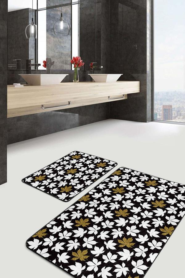 Realhomes Siyah Zeminde Beyaz Ve Altın Yaprak Desenli 2'Li Kaymaz Taban Yıkanabilir Banyo Paspas Seti - Image 1