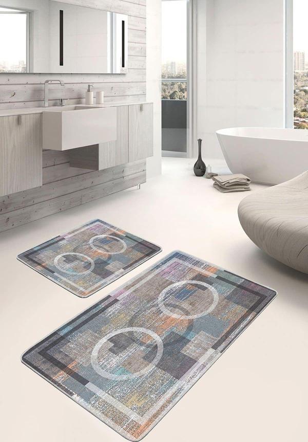 Realhomes Geometrik Desenli Çok Renkli Kaymaz Taban 2'Li Yıkanabilir Banyo Paspas Seti - Image 1