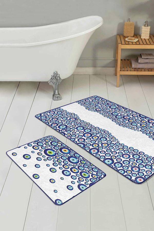 Realhomes Mavi Beyaz Nazar Boncuğu Desenli 2'Li Kaymaz Taban Yıkanabilir Banyo Paspas Takımı - Image 1