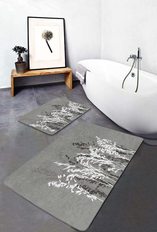 Realhomes Beyaz Çiçekli Gri Zeminde Modern Doğa Desenli 2'Li Kaymaz Taban Yıkanabilir Banyo Paspas Seti - Image 1