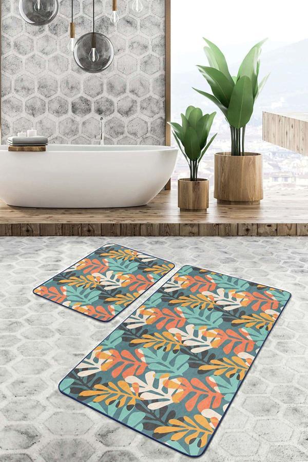 Realhomes Turuncu-Mavi Yapraklı Desenli Kaymaz Taban Yıkanabilir 2'Li Banyo Paspas Seti - Image 1