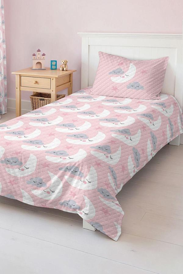 Realhomes Pembe Ay Ve Bulut Desenli Çocuk Ve Genç Odası Pike Takımı Yatak Örtüsü - Image 1