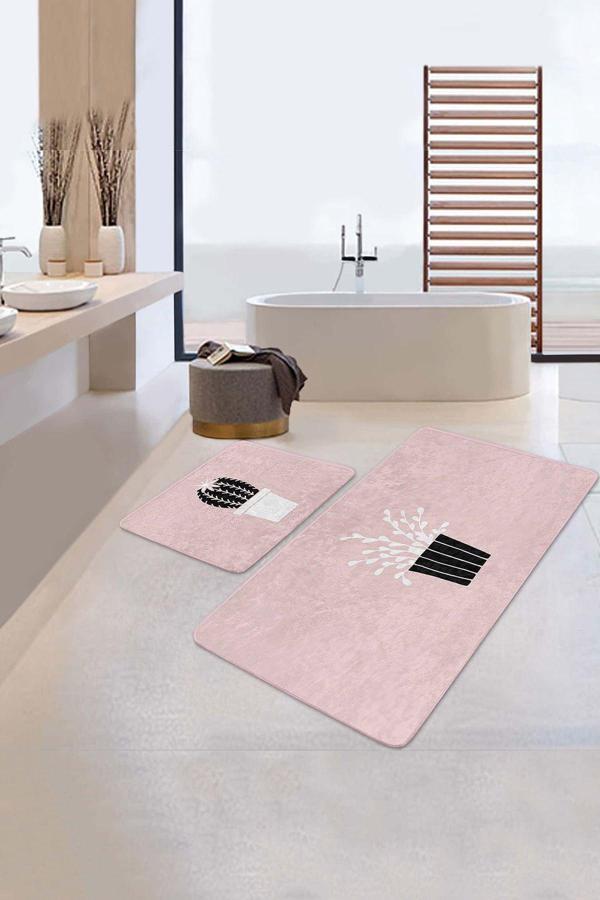 Realhomes Siyah Saksılı Pudra Renk Modern 2'Li Kaymaz Taban Yıkanabilir Banyo Paspas Takımı - Image 1