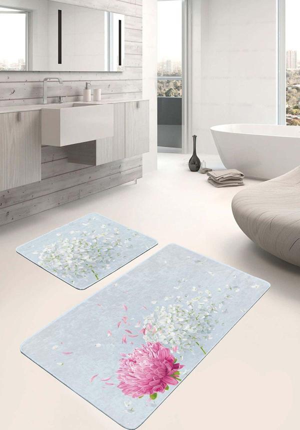 Realhomes Pembe Beyaz Çiçekli İnce Dal Desenli Açık Mavi 2'Li Kaymaz Taban Yıkanabilir Banyo Paspas Seti - Image 1