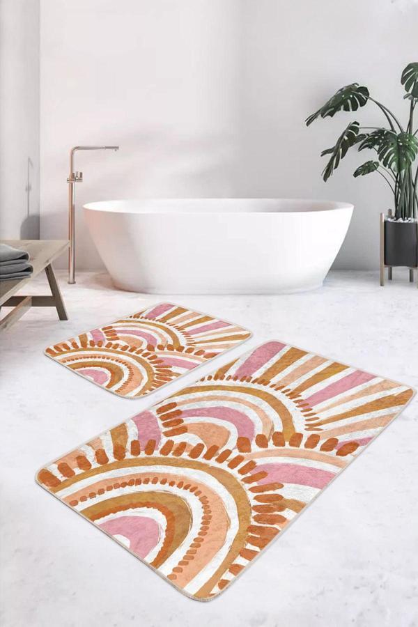 Realhomes Turuncu-Pembe Yarıçaplı Soyut Desenli 2'Li Kaymaz Taban Yıkanabilir Banyo Paspas Seti - Image 1