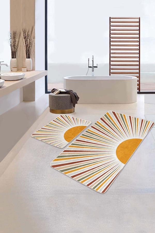 Realhomes Hardal Beyaz Güneş Desenli Retro 2'Li Kaymaz Taban Yıkanabilir Banyo Paspas Seti - Image 1