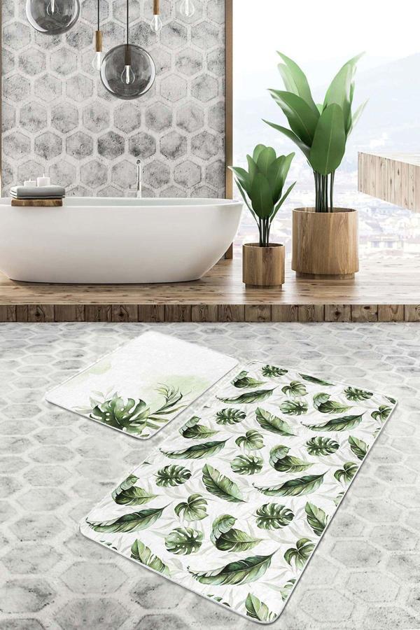 Realhomes Yeşil Yaprak Desenli Beyaz Zeminde 2'Li Kaymaz Taban Yıkanabilir Banyo Paspas Seti - Image 1
