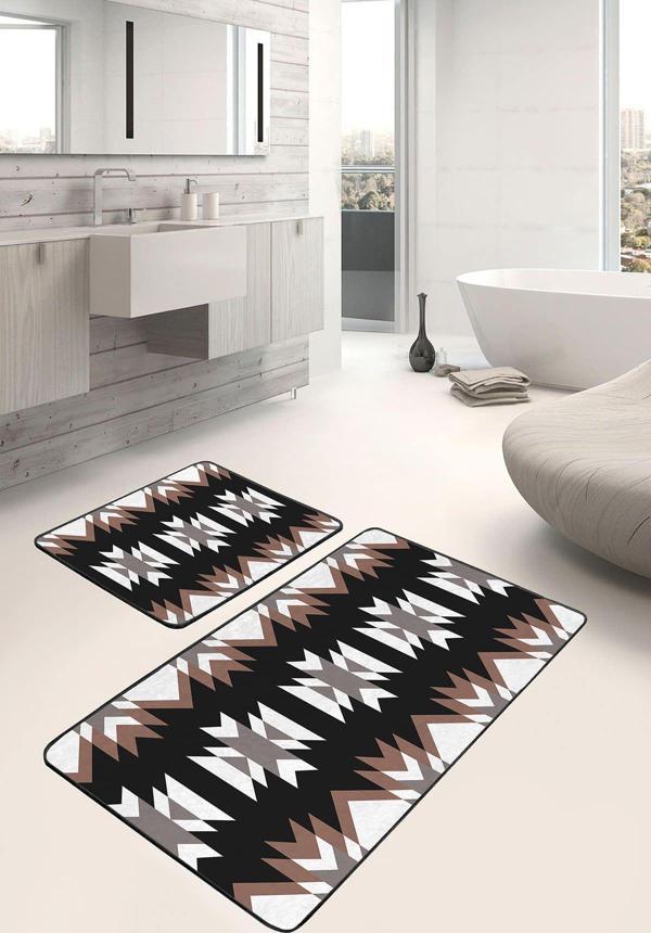 Realhomes Siyah Beyaz Kahverengi Etnik Desenli 2'Li Kaymaz Taban Yıkanabilir Banyo Paspas Seti - Image 1