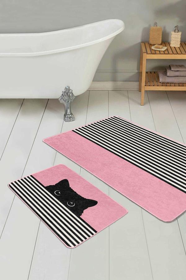 Realhomes Kedi Figürlü Siyah-Beyaz Çizgili Pembe 2'Li Kaymaz Taban Yıkanabilir Banyo Paspas Seti - Image 1