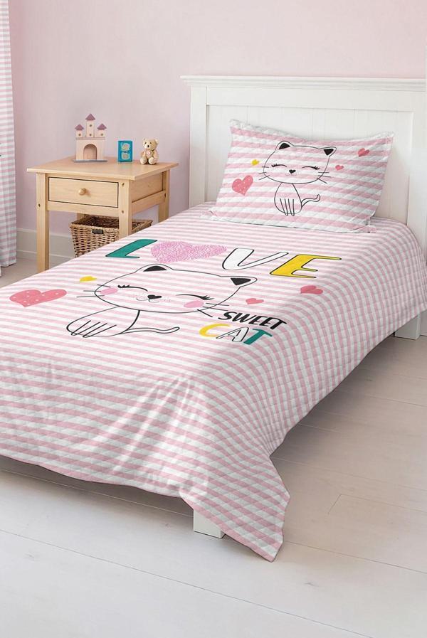 Realhomes Pembe Kalp Ve Kedi Desenli Tek Kişilik Çocuk Ve Genç Odası Pike Takımı Yatak Örtüsü - Image 1