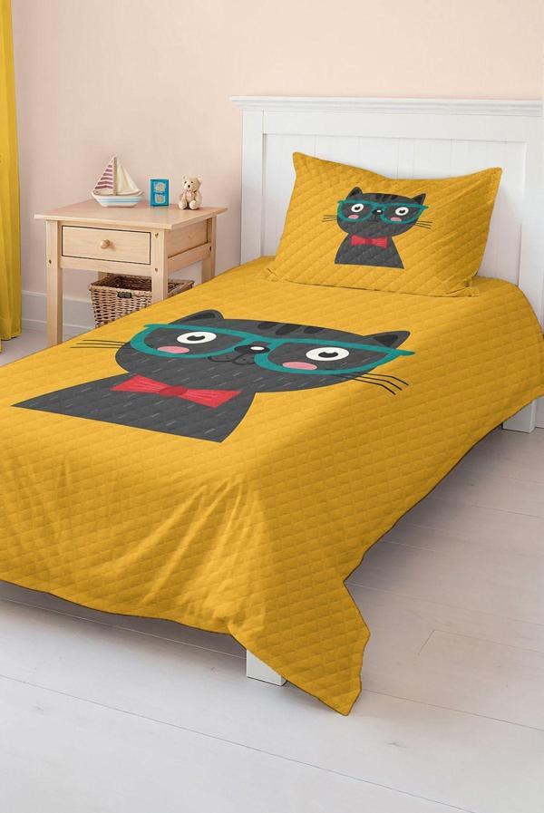 Realhomes Eğlenceli Kedi Desenli Tek Kişilik Çocuk Ve Genç Odası Pike Takımı Yatak Örtüsü - Image 1