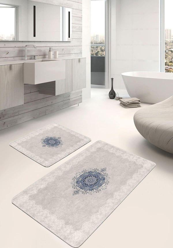 Realhomes Gri Zeminde Mavi Mandala Desenli 2'Li Kaymaz Taban Yıkanabilir Banyo Paspas Seti - Image 1