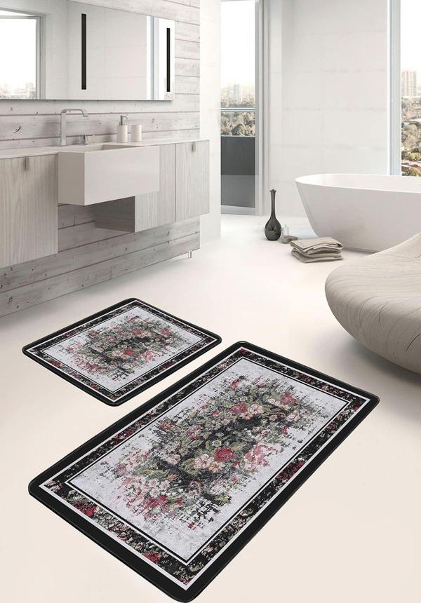Realhomes Çiçek Desenli Siyah-Gri Kanvas Vintage 2'Li Kaymaz Taban Yıkanabilir Banyo Paspas Takımı - Image 1