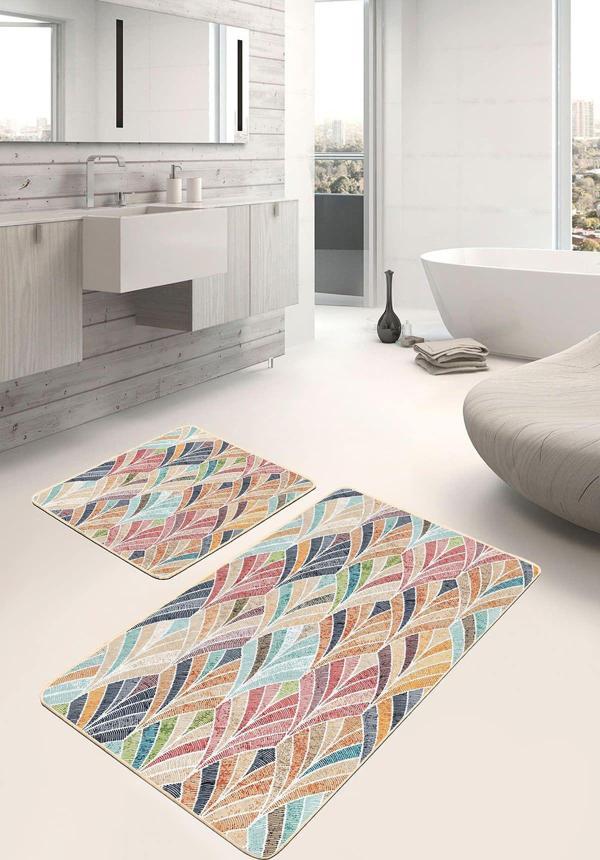 Realhomes Renkli Yaprak Desenli 2'Li Kaymaz Taban Yıkanabilir Banyo Paspas Seti - Image 1