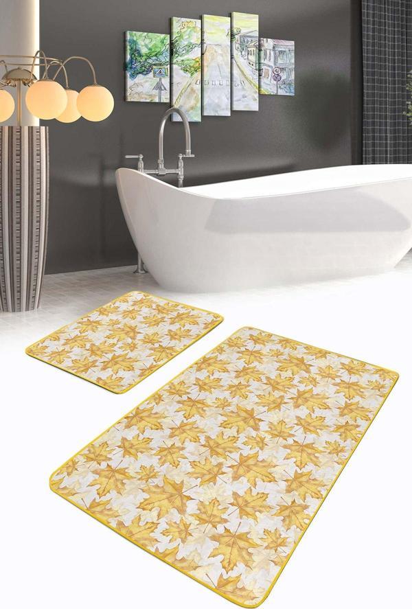 Realhomes Sarı Beyaz Yaprak Desenli Kaymaz Taban Yıkanabilir 2'Li Banyo Paspas Seti - Image 1