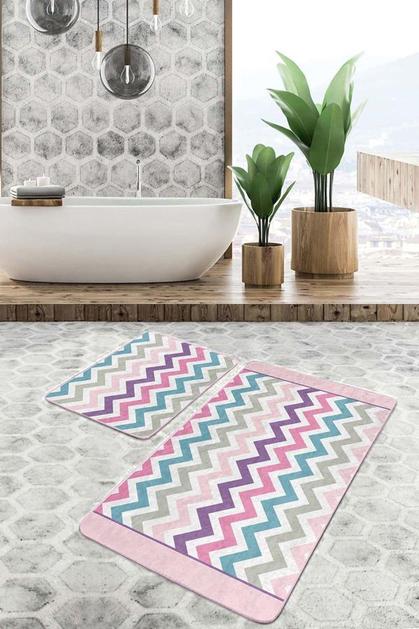 Realhomes Pembe Mavi Zigzag Desenli 2'Li Kaymaz Taban Yıkanabilir Banyo Paspas Seti - Image 1