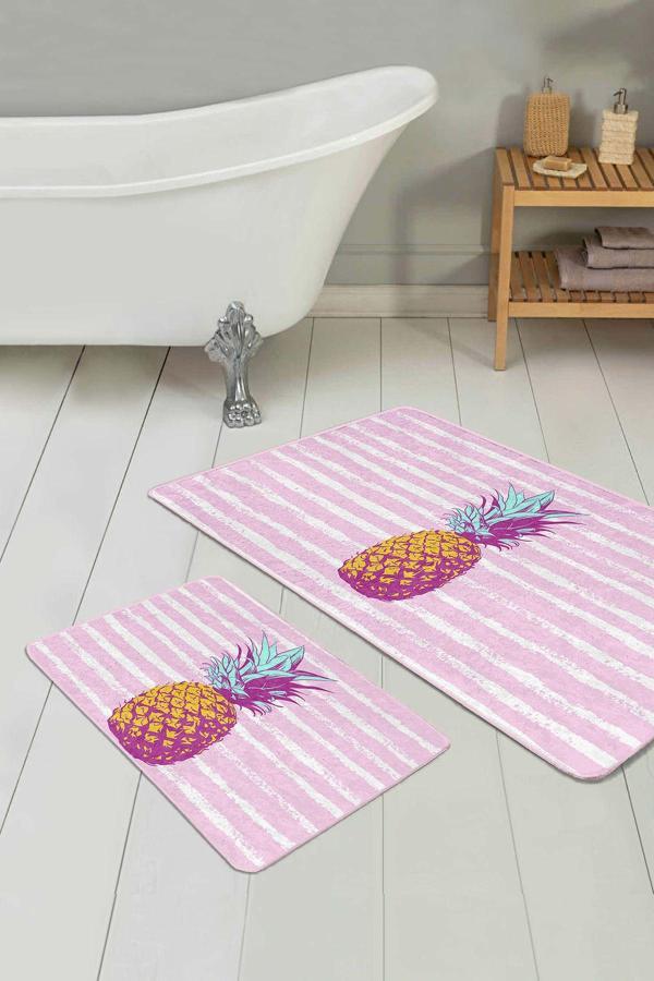 Realhomes Ananas Desenli Pembe Beyaz Çizgili 2'Li Kaymaz Taban Yıkanabilir Banyo Paspas Seti - Image 1