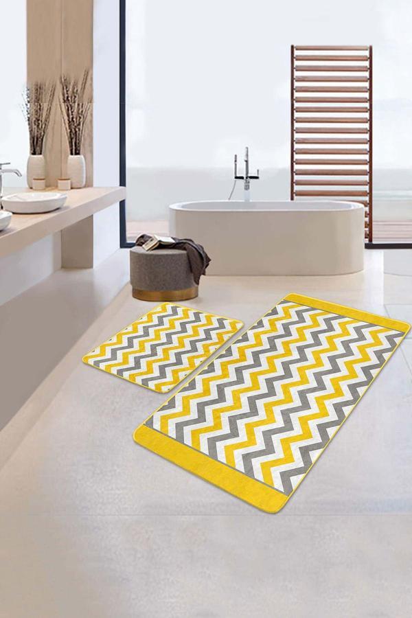 Realhomes Sarı-Gri Zigzag Desenli 2'Li Kaymaz Taban Yıkanabilir Banyo Paspas Seti - Image 1