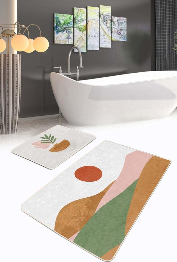 Realhomes Sulu Soyut Desenli Yeşil Kahverengi 2'Li Kaymaz Taban Yıkanabilir Banyo Paspas Seti - Image 1