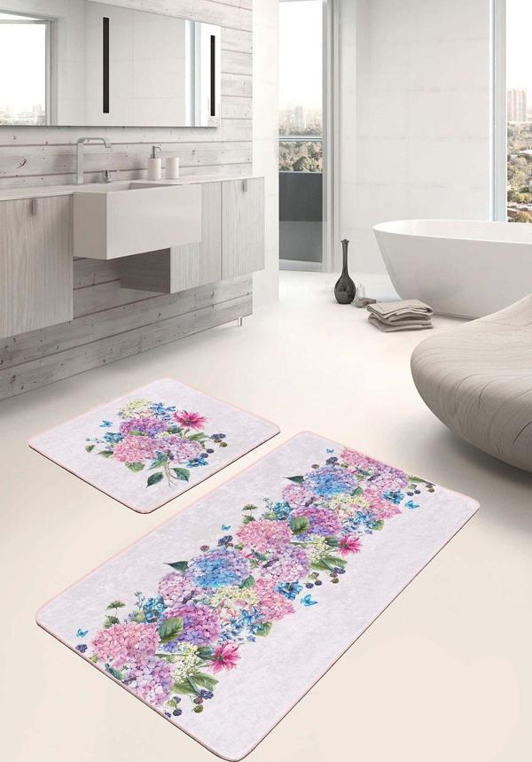Realhomes Mor Pembe Çiçek Desenli 2'Li Kaymaz Taban Yıkanabilir Banyo Paspas Seti - Image 1