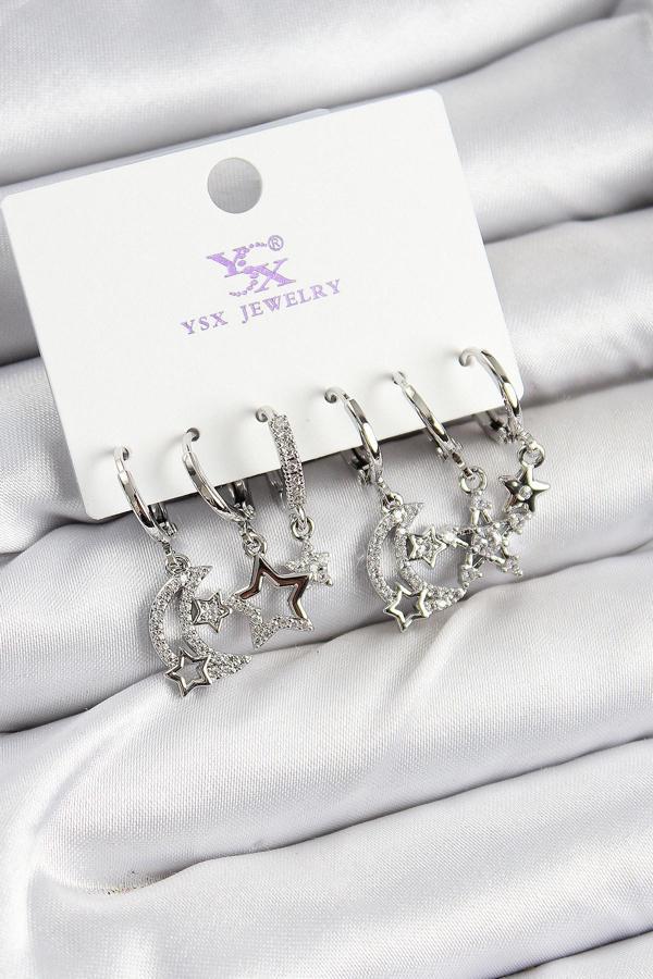 Zarif Kadın için Silver Pirinç Zirkonlu Ay Yıldız Üçlü Küpe Seti - Image 1