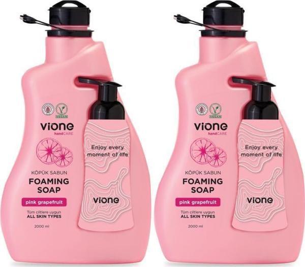 vione 2 Adet Köpük Sabun El ve Yüz İçin Doğal Pembe Greyfurt 2 lt (Köpük Yapıcı Sabunluk Hediyeli) - Image 1