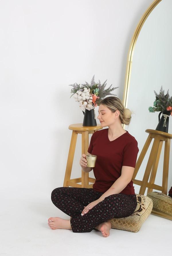 Celira Kadın Kısa Kol Pamuk Penye Pijama Takım Bordo 4214 - Image 1