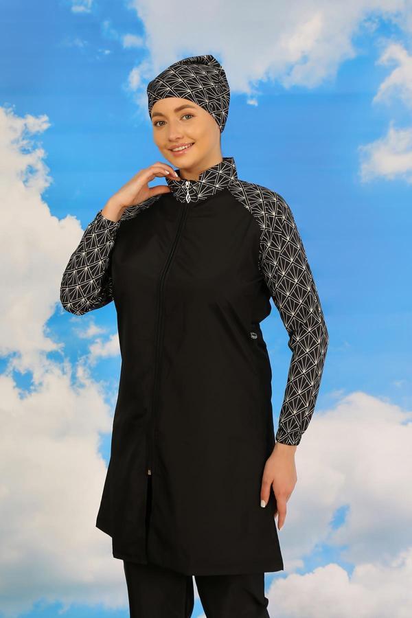 Celira Kadın Pantolonlu Desenli Tam Tesettür Mayo Siyah 31072 - Image 1