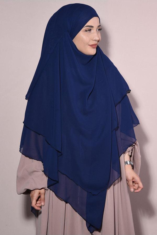 Nowa Scarf Şifon Peçeli Üç Katlı Hazır Sufle Tesettür Şal Lacivert - Image 1
